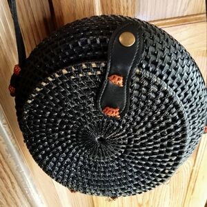 Black Woven Round Crossbody Bag